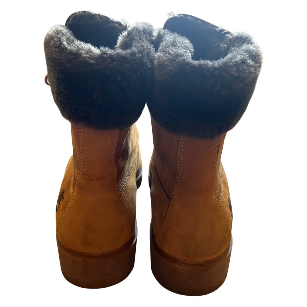 Timberland Wheat Nubuck Leather Faux Fur Trim Lace Up Boots Brown 6 Inch Style - Picture 3 of 12